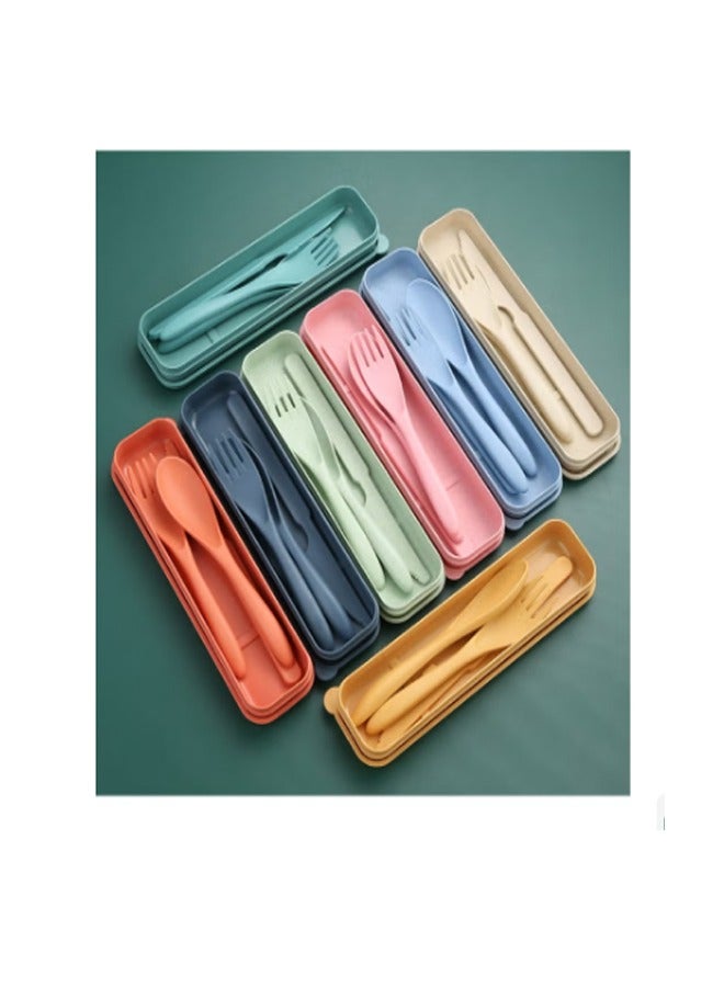8 ألوان قابلة لإعادة الاستخدام المحمولة القمح القش أدوات الطعام ، أدوات السفر أدوات الطعام مجموعات مع حالة تخزين صندوق ، ملعقة سكين شوكة أدوات الطاولة مجموعات - Image 1