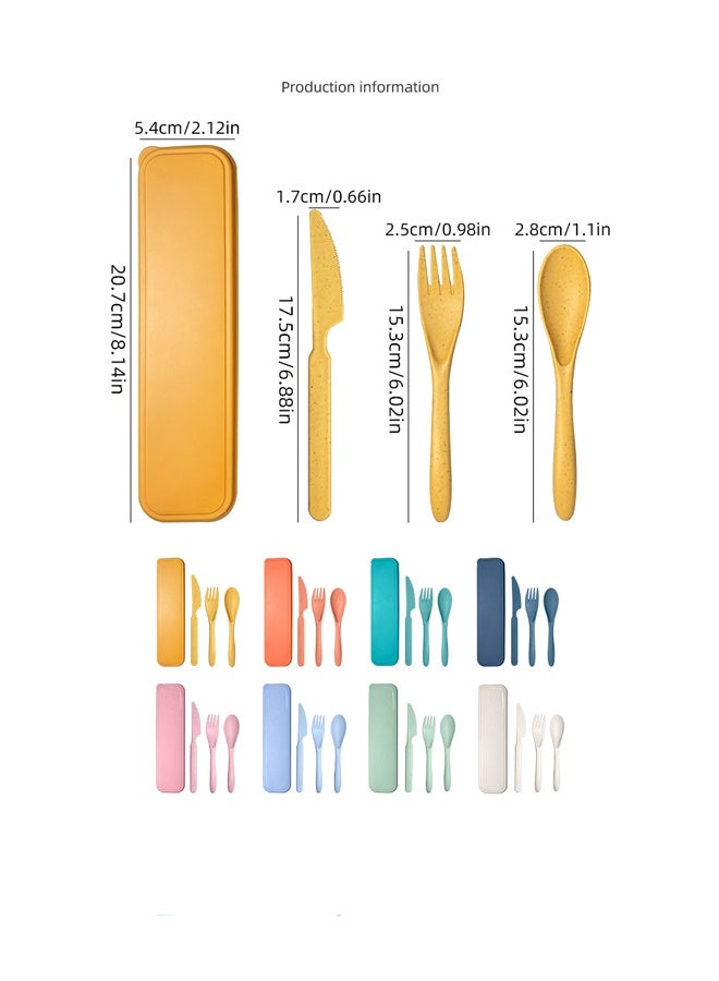 8 ألوان قابلة لإعادة الاستخدام المحمولة القمح القش أدوات الطعام ، أدوات السفر أدوات الطعام مجموعات مع حالة تخزين صندوق ، ملعقة سكين شوكة أدوات الطاولة مجموعات - Image 2