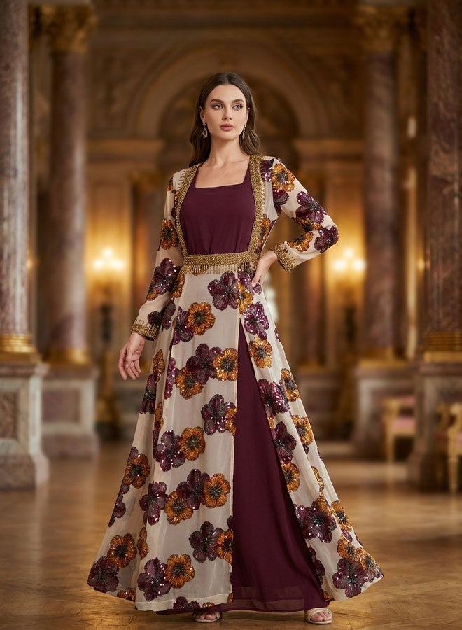 Ladies' Ramadan Elegant Chiffon Maxi Dress Formal Elegant Gown Party Long-Sleeved Dress Burgundy Floral Patchwork Formal Ankle-Length Cover-Up Dress - Image 2