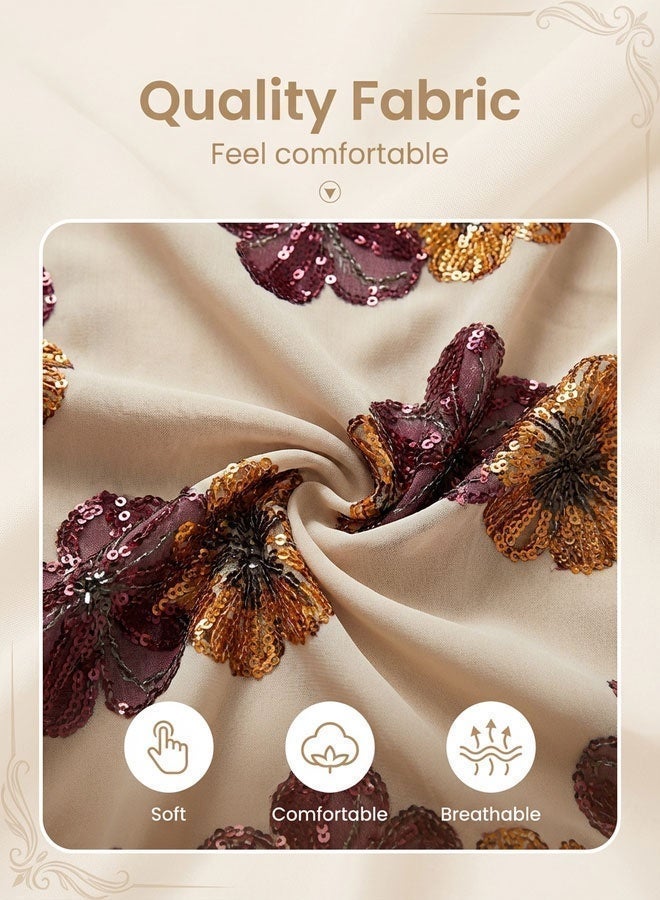 Ladies' Ramadan Elegant Chiffon Maxi Dress Formal Elegant Gown Party Long-Sleeved Dress Burgundy Floral Patchwork Formal Ankle-Length Cover-Up Dress - Image 4