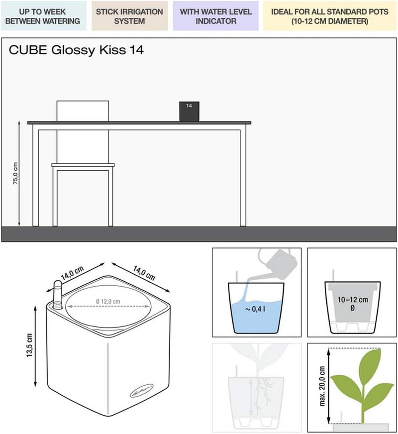 Lechuza 13514 Cube Glossy Kiss 14 Self-Watering Garden Planter for Indoor and Outdoor Use, 6" x 6" x 5", Cherry Pie - Image 2