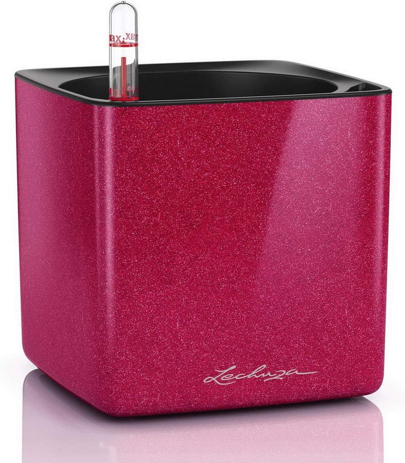 Lechuza 13514 Cube Glossy Kiss 14 Self-Watering Garden Planter for Indoor and Outdoor Use, 6" x 6" x 5", Cherry Pie - Image 1