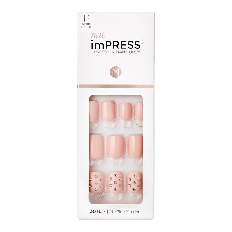 KISS imPRESS No Glue Mani Press On Nails, Design, 'Petite Secrets', Pink, Petite Size, Squoval Shape, Includes 30 Nails, Prep Pad, Instructions Sheet, 1 Manicure Stick, 1 Mini File