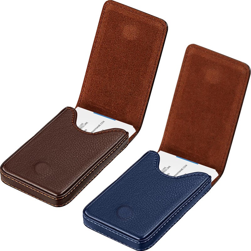 Outus 2 Pieces Business Card Holder, PU Leather Business Card Case Pocket Wallet with Magnetic Shut for Valentines Gift Men Women(Coffee and Blue,Classic) - Image 1