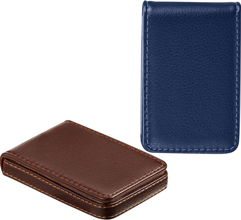 Outus 2 Pieces Business Card Holder, PU Leather Business Card Case Pocket Wallet with Magnetic Shut for Valentines Gift Men Women(Coffee and Blue,Classic) - Image 4
