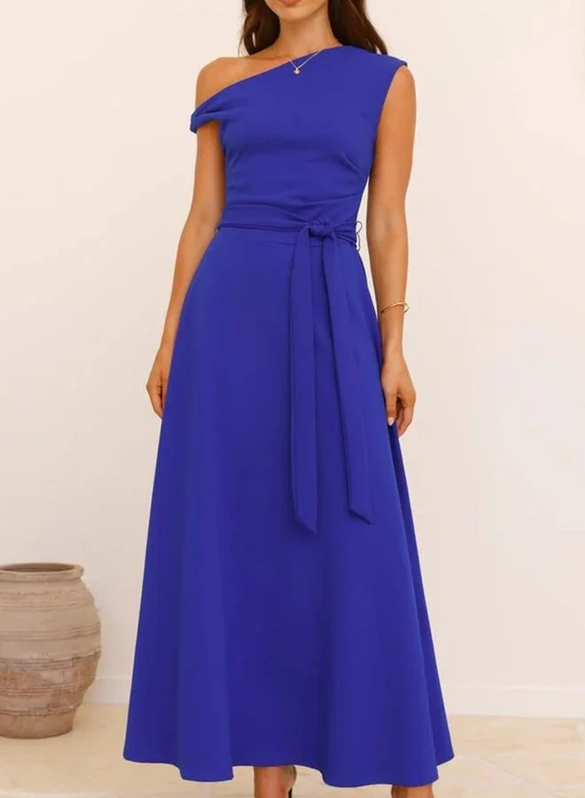 تايك تو Blue Asymmetric Neck A-Line Maxi Dress
