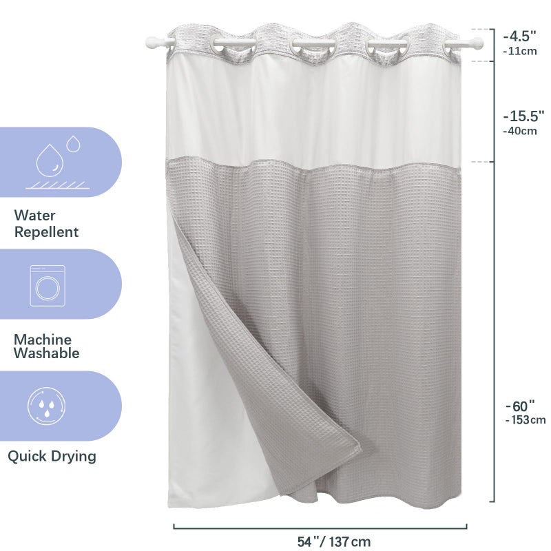 VIUOON No Hook Shower Curtain Set with Snap in Fabric Liner  250GSM Waffle Weave Light Gray Hotel Grade Bath Shower Curtain - See Through Top Window  Waterproof & Washable  54W x 80H - Image 4