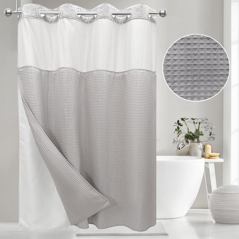 VIUOON No Hook Shower Curtain Set with Snap in Fabric Liner  250GSM Waffle Weave Light Gray Hotel Grade Bath Shower Curtain - See Through Top Window  Waterproof & Washable  54W x 80H - Image 1