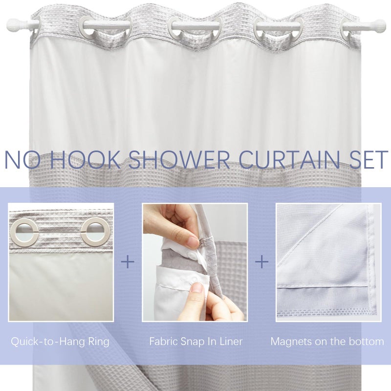 VIUOON No Hook Shower Curtain Set with Snap in Fabric Liner  250GSM Waffle Weave Light Gray Hotel Grade Bath Shower Curtain - See Through Top Window  Waterproof & Washable  54W x 80H - Image 3