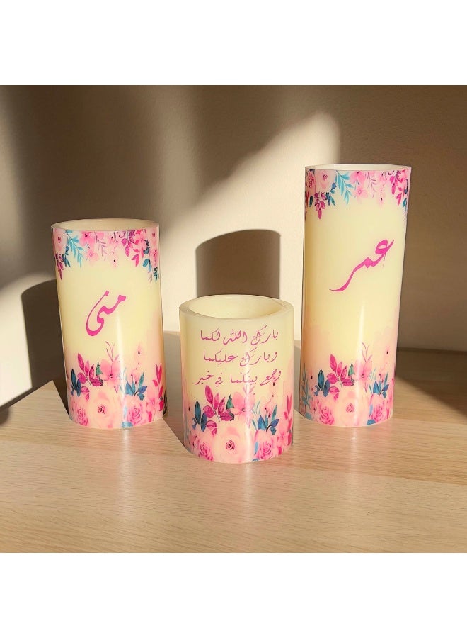 مجموعة 3 شمعات أزهار ملونة، شموع مخصصة، شمعة بدون لهب  - Image 1