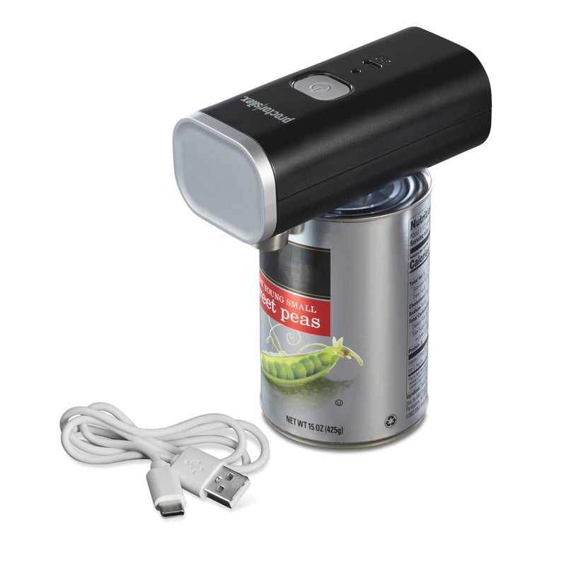 Proctor Silex Automatic Electric Can Opener Hands Free Cordless Operation  USB Rechargeable SelfAligning Cut Smooth Touch Lid Edges Compact and Easy to Store Black