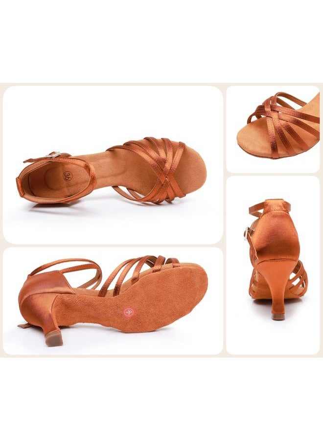 ROSEFINCH Latin Dance Shoes for Women Black Professional Dance Shoes Ballroom Party Salsa Dance Practice Performance Shoes Size, Brown 7 Cm, 38 EU - Image 4
