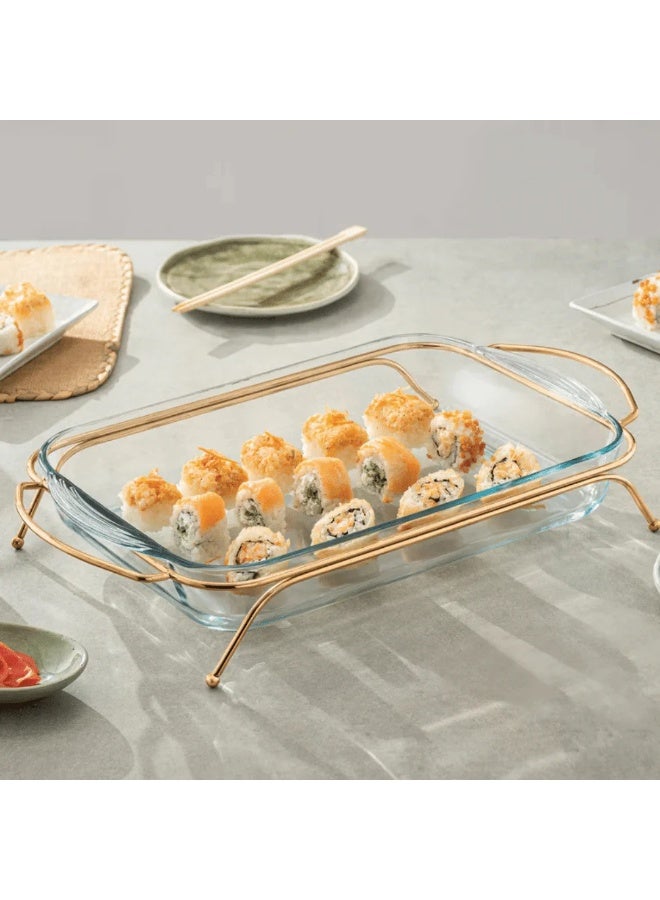 بوركام طاجن فرن مستطيل من بوركام مع حامل معدني ذهبي – 40 × 25 سم، مصنوع من زجاج مقاوم للحرارة (صنع في تركيا) - Image 2