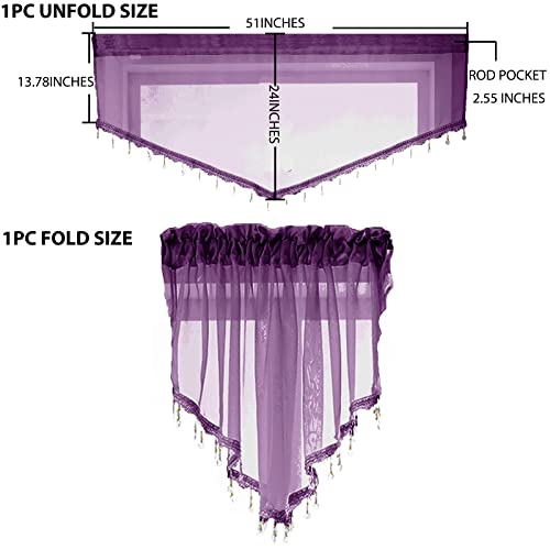 PearAge Beaded Sheer Valance Curtains for Living Room,Rod Pocket Farmhouse Window Valance, Bead Trim Tassel Voile Sheer Curtain Valance for Bedroom Bathroom Cafe 51x24 Inches (Dark Purple) 1PC - Image 2