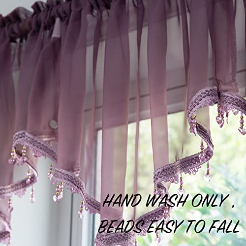 PearAge Beaded Sheer Valance Curtains for Living Room,Rod Pocket Farmhouse Window Valance, Bead Trim Tassel Voile Sheer Curtain Valance for Bedroom Bathroom Cafe 51x24 Inches (Dark Purple) 1PC - Image 5