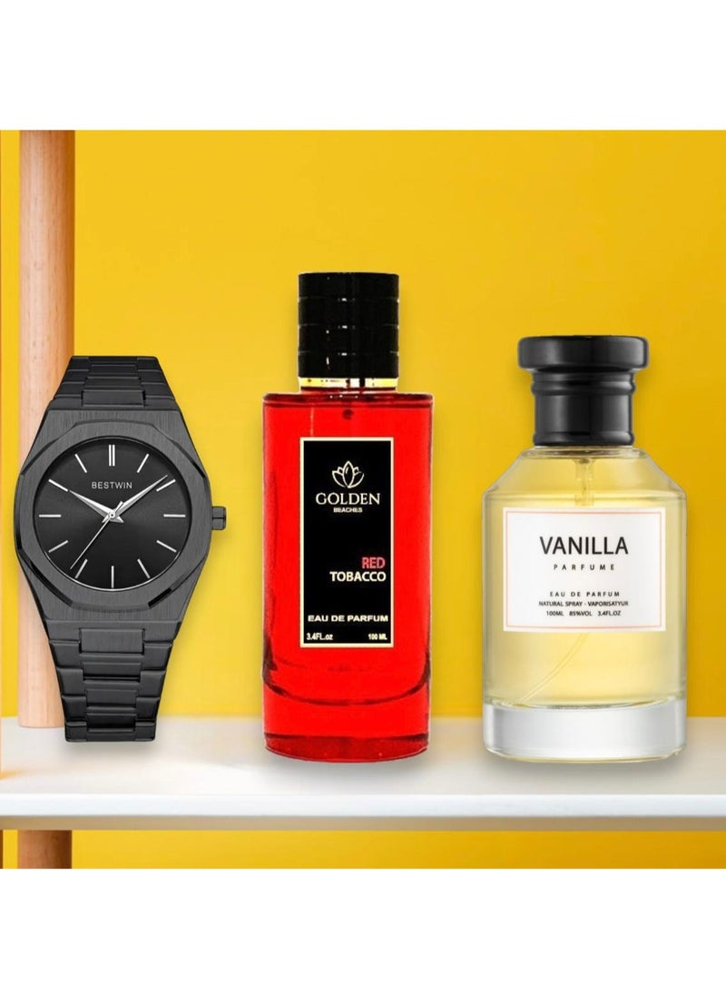 Bestwin A luxurious gift set consisting of a men's slim watch inspired by the famous D1 Milano watches, and two unisex Vanilla and Red Tupac perfumes for unisex inspired by Mancera perfumes with high stabilit  - Image 1