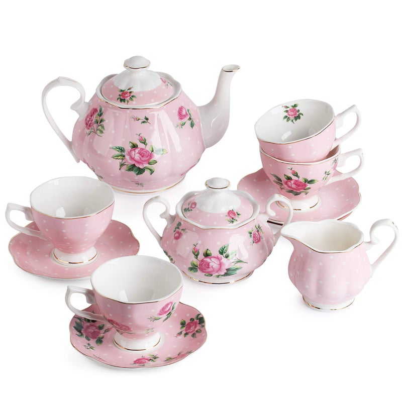 Brew To A Tea BTaT Floral Tea Sets for Adults 13 pcs Service for 4 Pot 38 oz  Cups 8 oz with Saucers Pastel Pink Floral Design with Gift Box Porcelain Tea Set for Adult Dishwasher Safe