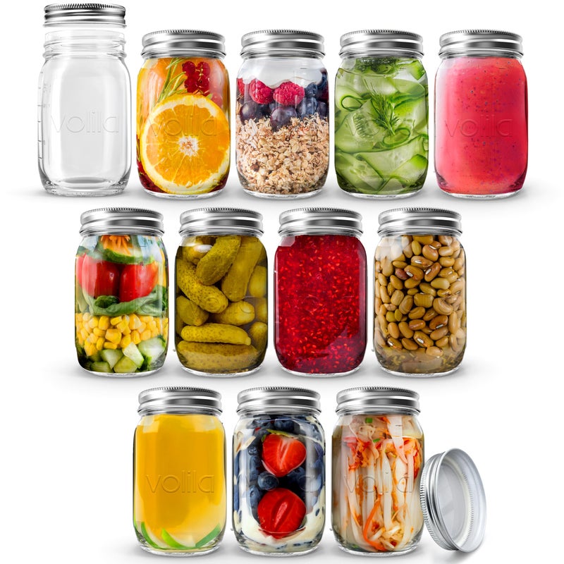 volila Glass Mason Jars with Lids 490ml Leakproof Glass Jars with Lids for Airtight Seal Overnight Oats  Round Mason Jar with Silver Screw Lid for Salad Pickling and Canning 12 Pack