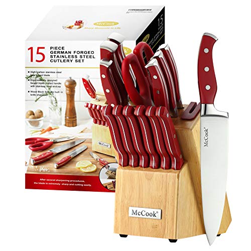 McCook® Stainless Steel Kitchen Knife Sets with Wooden Block, Kitchen Scissors and Built-in Sharpener, Red - Image 1