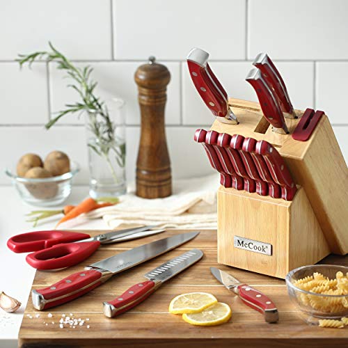 McCook® Stainless Steel Kitchen Knife Sets with Wooden Block, Kitchen Scissors and Built-in Sharpener, Red - Image 5