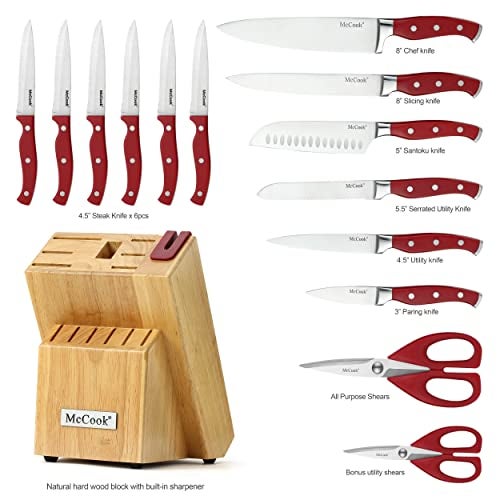 McCook® Stainless Steel Kitchen Knife Sets with Wooden Block, Kitchen Scissors and Built-in Sharpener, Red - Image 2