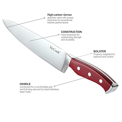 McCook® Stainless Steel Kitchen Knife Sets with Wooden Block, Kitchen Scissors and Built-in Sharpener, Red - Image 3