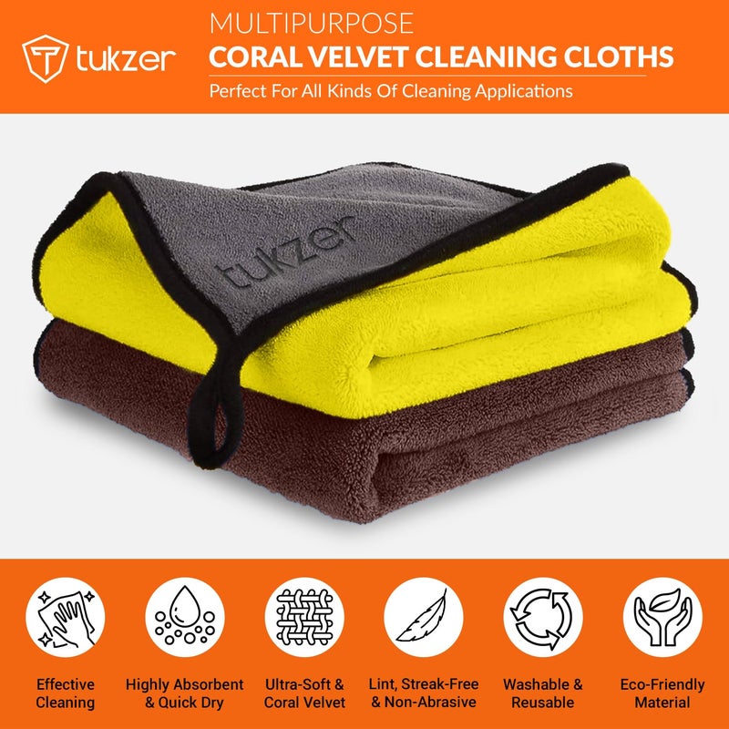Tukzer Multi-Purpose Coral Velvet Microfiber Cloths for Car Bike| Ultra-Soft Super Absorbent Lint-Free for Exterior Interior Dashboard Cleaning Washing Polishing(500 GSM Brown-Yellow| 2Pcs 35 X 75 cm) - Image 2