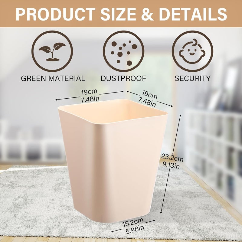 Hoolerry 9 Pieces Garbage Can 2 Gallon Small Trash Cans Bulk Bathroom Trash Bin Plastic Wastebasket Square for Bedroom Slim Bathroom Trashcan Small Container for Kitchen Office Home (Khaki) - Image 2
