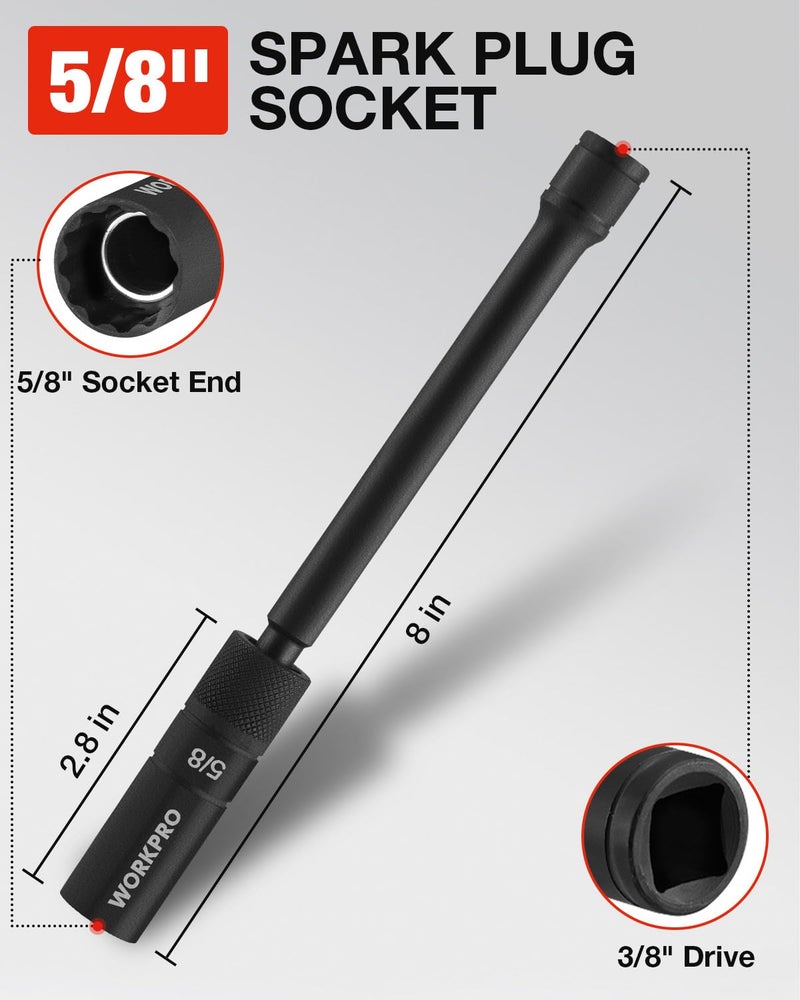 WORKPRO 5/8" Swivel Magnetic Spark Plug Socket – 12-Point, 1mm Thin Wall Socket, 360° Swivel, 3/8" Drive x 8", Black Phosphate Finish, Anti-Slip Knurled Grip - Image 4