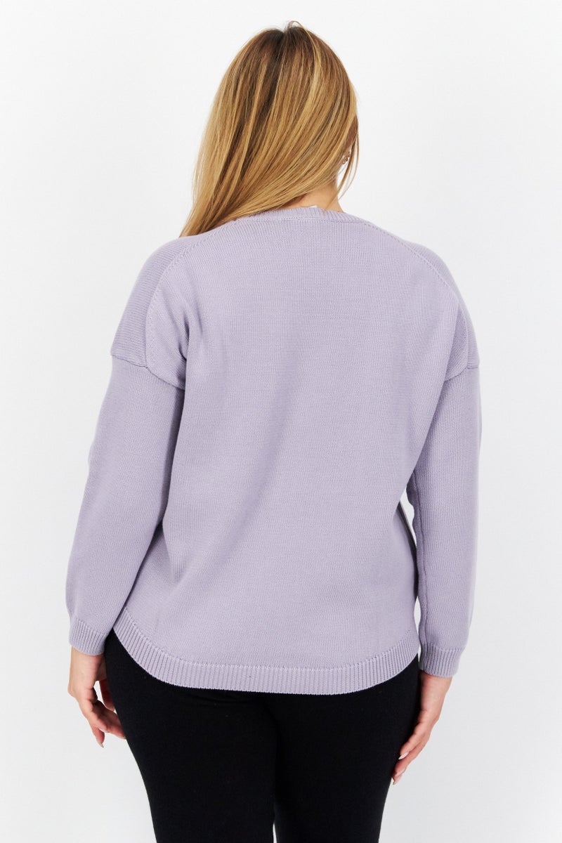 Lyle & Scott Women Crew Neck Embroidered Logo Knitted Sweater, Light Purple - Image 4