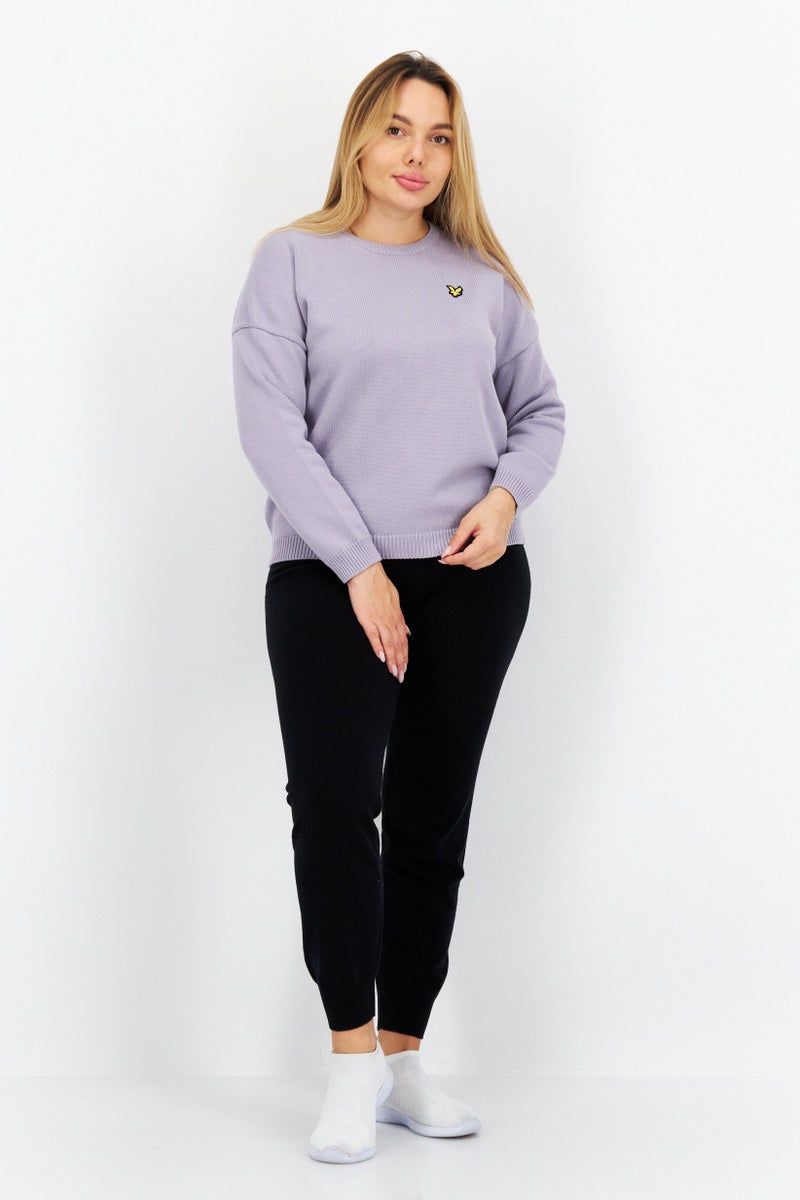 Lyle & Scott Women Crew Neck Embroidered Logo Knitted Sweater, Light Purple - Image 2
