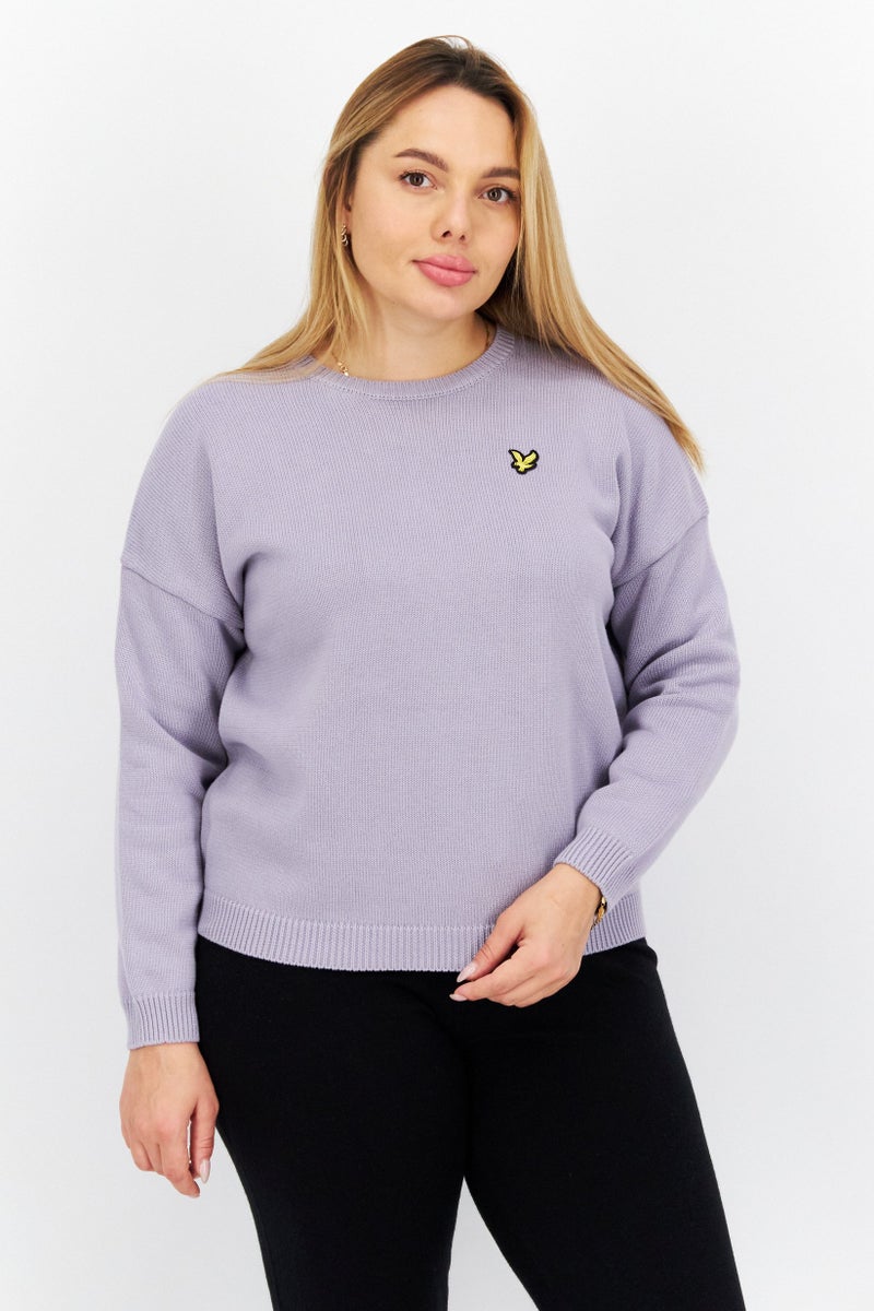 Lyle & Scott Women Crew Neck Embroidered Logo Knitted Sweater, Light Purple - Image 1