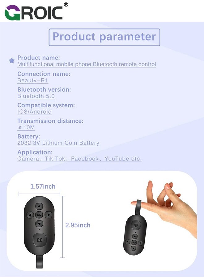 GROIC - Remote Control, Bluetooth Remote Control with iPad Kindle Client Page Turner, Create Photos and Video Recording Remote, Type-C Rechargeable Bluetooth Remote for iPhone, iPad and Android - Image 1