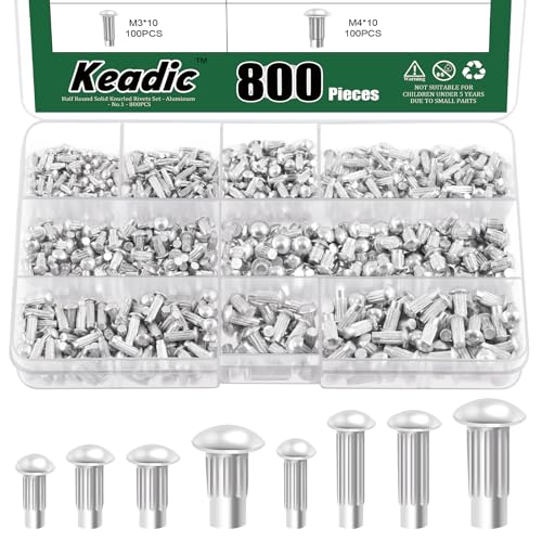 Keadic 800Pcs M2 M2.5 M3 M4 Aluminium Brazier Head Solid Rivet Assortment Set, 6mm 8mm 10mm Solid Aluminum Rivets for Repairing Boats Aircraft Automobile Machinery - Image 1