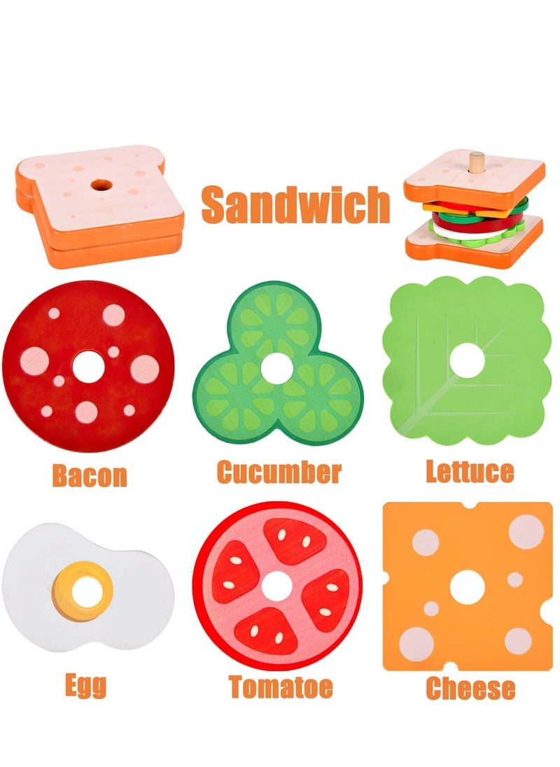 Wooden Burger Sandwich Stacking Toys for Kids, Play Fake Food Toy for Toddlers, Montessori Toys for 3 Year Old, Preschool Educational Toys to Develop Fine Motor Skills - Image 3