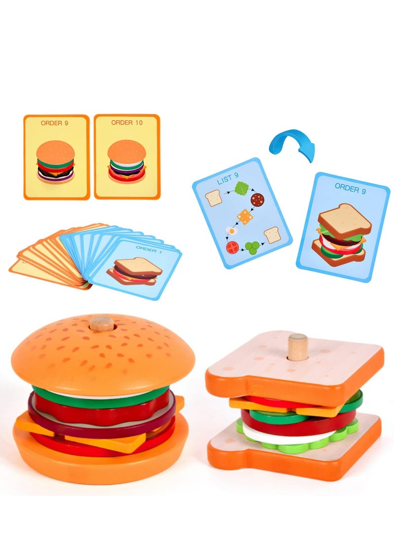 Wooden Burger Sandwich Stacking Toys for Kids, Play Fake Food Toy for Toddlers, Montessori Toys for 3 Year Old, Preschool Educational Toys to Develop Fine Motor Skills - Image 1