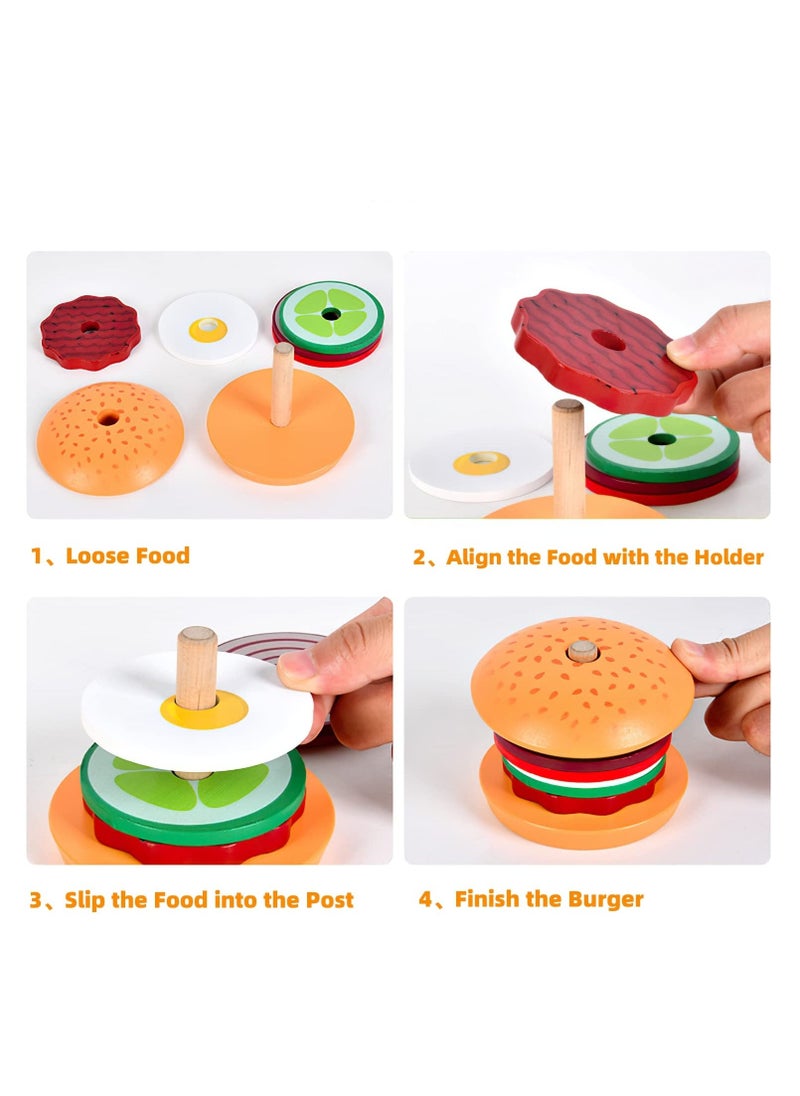 Wooden Burger Sandwich Stacking Toys for Kids, Play Fake Food Toy for Toddlers, Montessori Toys for 3 Year Old, Preschool Educational Toys to Develop Fine Motor Skills - Image 4
