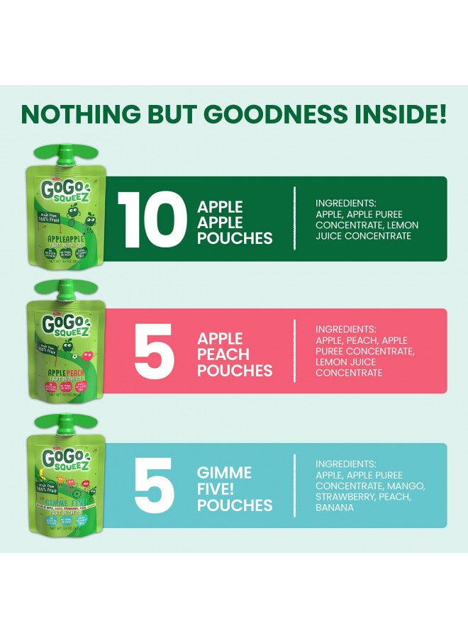 GoGo squeeZ Fruit on the Go Variety Pack, Apple, Peach & Gimme Five!, 3.2 oz (Pack of 20), Unsweetened Fruit Snacks for Kids, Gluten Free, Nut Free and Dairy Free, Recloseable Cap, BPA Free Pouches - Image 2
