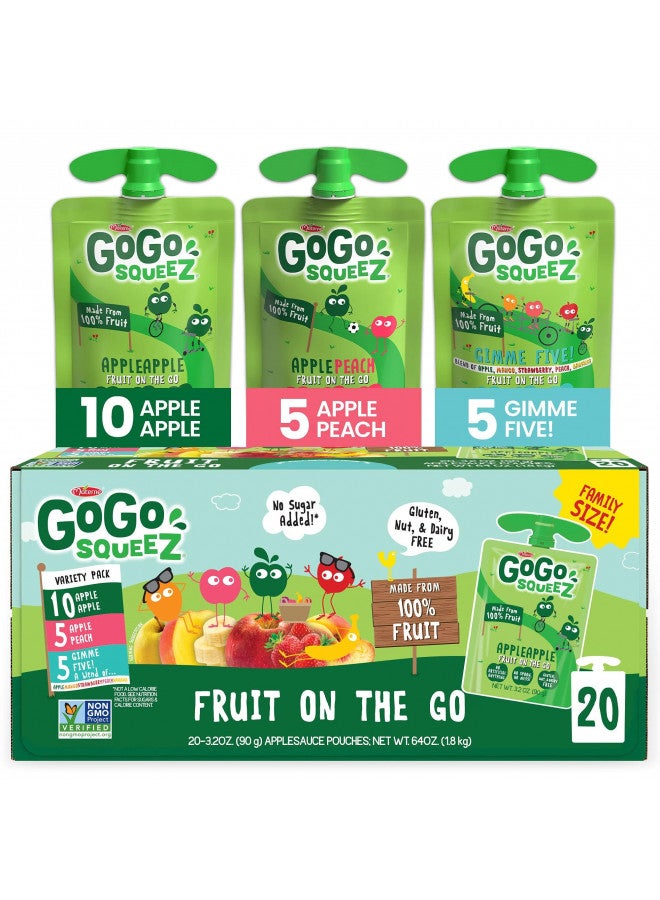 GoGo squeeZ Fruit on the Go Variety Pack, Apple, Peach & Gimme Five!, 3.2 oz (Pack of 20), Unsweetened Fruit Snacks for Kids, Gluten Free, Nut Free and Dairy Free, Recloseable Cap, BPA Free Pouches - Image 1