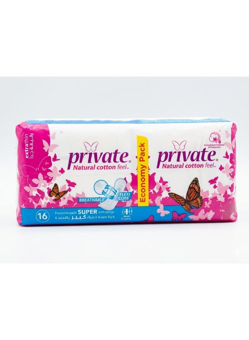 Private Natural Cotton Feel Extra Thin Super With Wings 16 Pads - Image 1