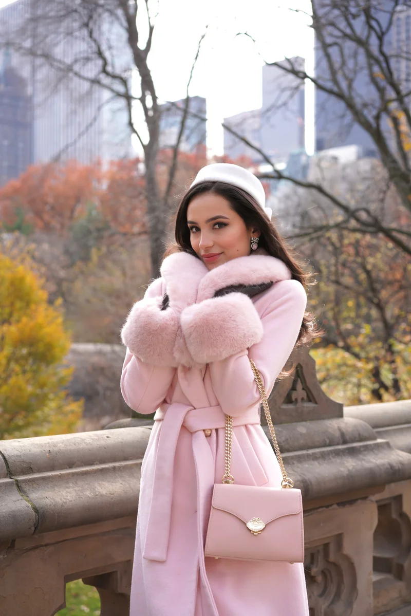 Marlene' Cashmere and Wool Coat with Faux Fur in Pink