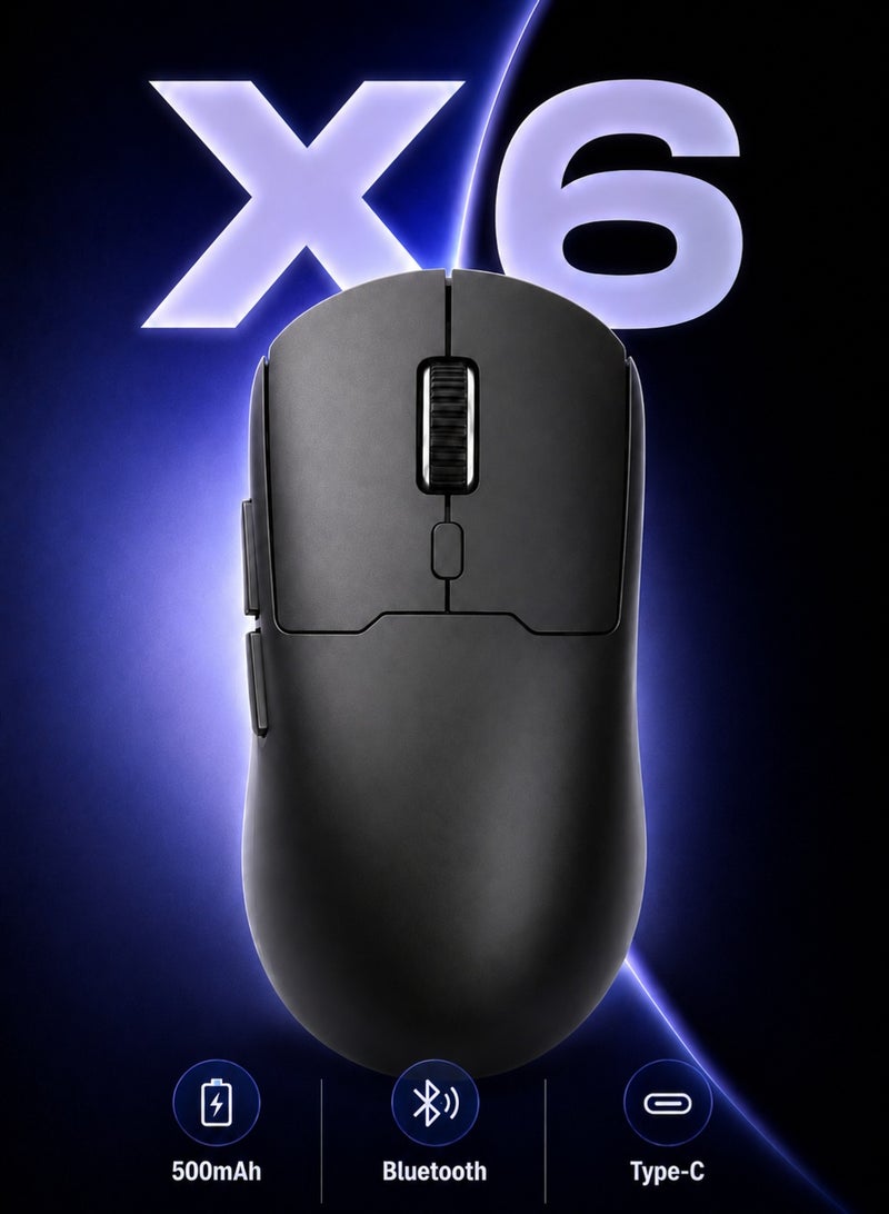 T-WOLF X6 three mode wireless game mouse, office mouse with Bluetooth 5.4/2.4GHz/Type-C cable, 500mAh rechargeable battery, high-precision adjustable DPI, ergonomic design for Windows and Mac - Image 1