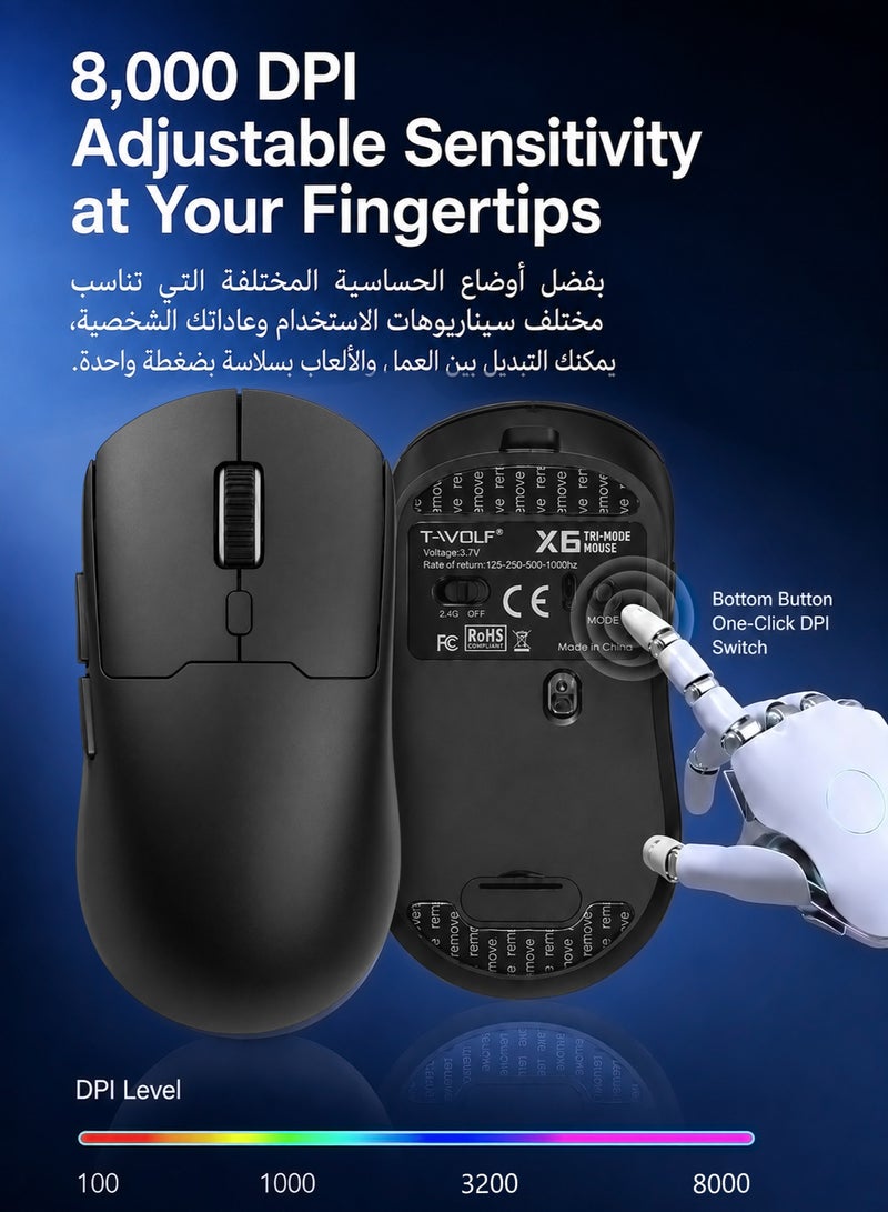 T-WOLF X6 three mode wireless game mouse, office mouse with Bluetooth 5.4/2.4GHz/Type-C cable, 500mAh rechargeable battery, high-precision adjustable DPI, ergonomic design for Windows and Mac - Image 2