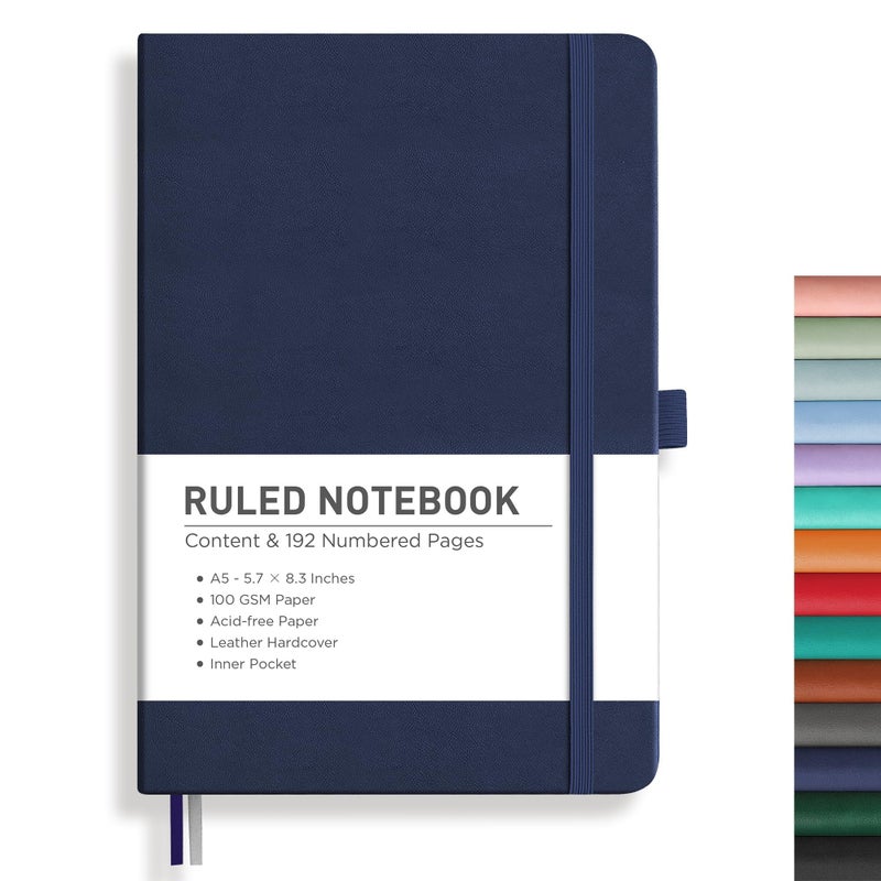 Rettacy Lined Journal Notebook  192 Numbered Pages  A5 Medium Size (5.7'' X 8.3'')  For Men & Women  Journaling  Writing  Work & Office  Leather Hardcover  100 Gsm Thick Paper (Navy Blue) - Image 1