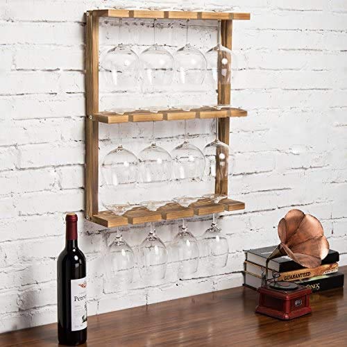VM DECOR Vm decor Wood WallMounted 12 Wine Glass Holder Rack Inverted Stemware Display Brown Natural Teak - Image 1