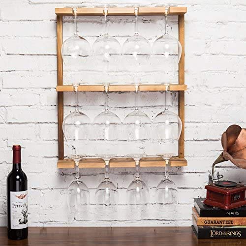 VM DECOR Vm decor Wood WallMounted 12 Wine Glass Holder Rack Inverted Stemware Display Brown Natural Teak - Image 2