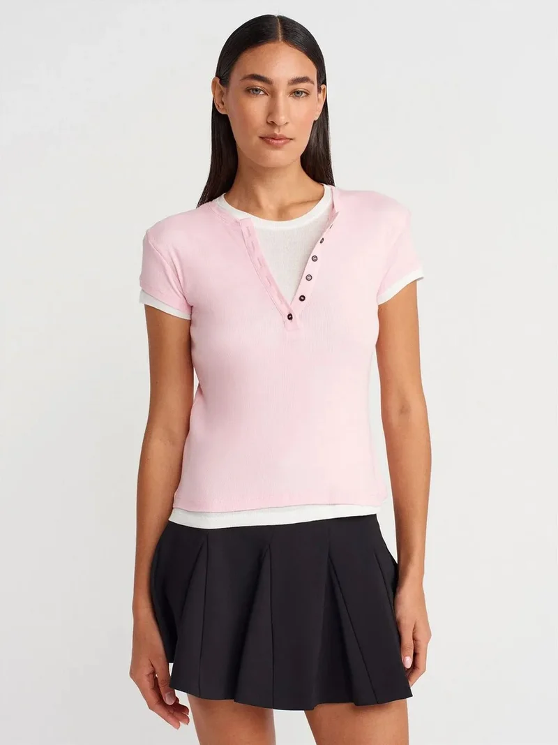 ديلفين Dilvin Women’s Cotton V-Neck Button T-Shirt