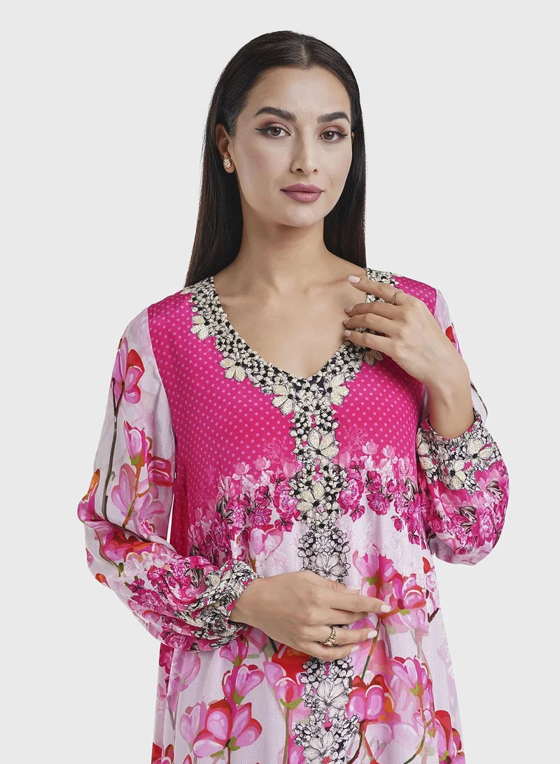 KASHKHA Viscose Pink Floral Print Handwork Jalabiya (VDE387)