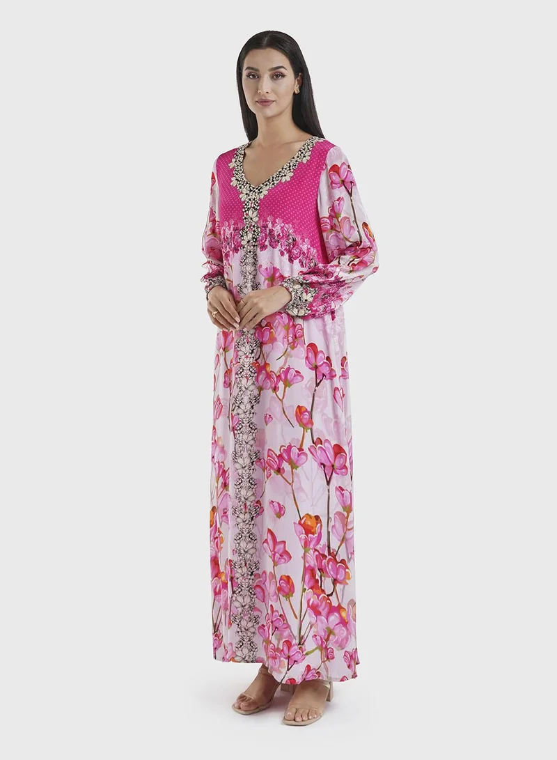 KASHKHA  Viscose Pink Floral Print Handwork Jalabiya (VDE387) for Women | Best Price UAE