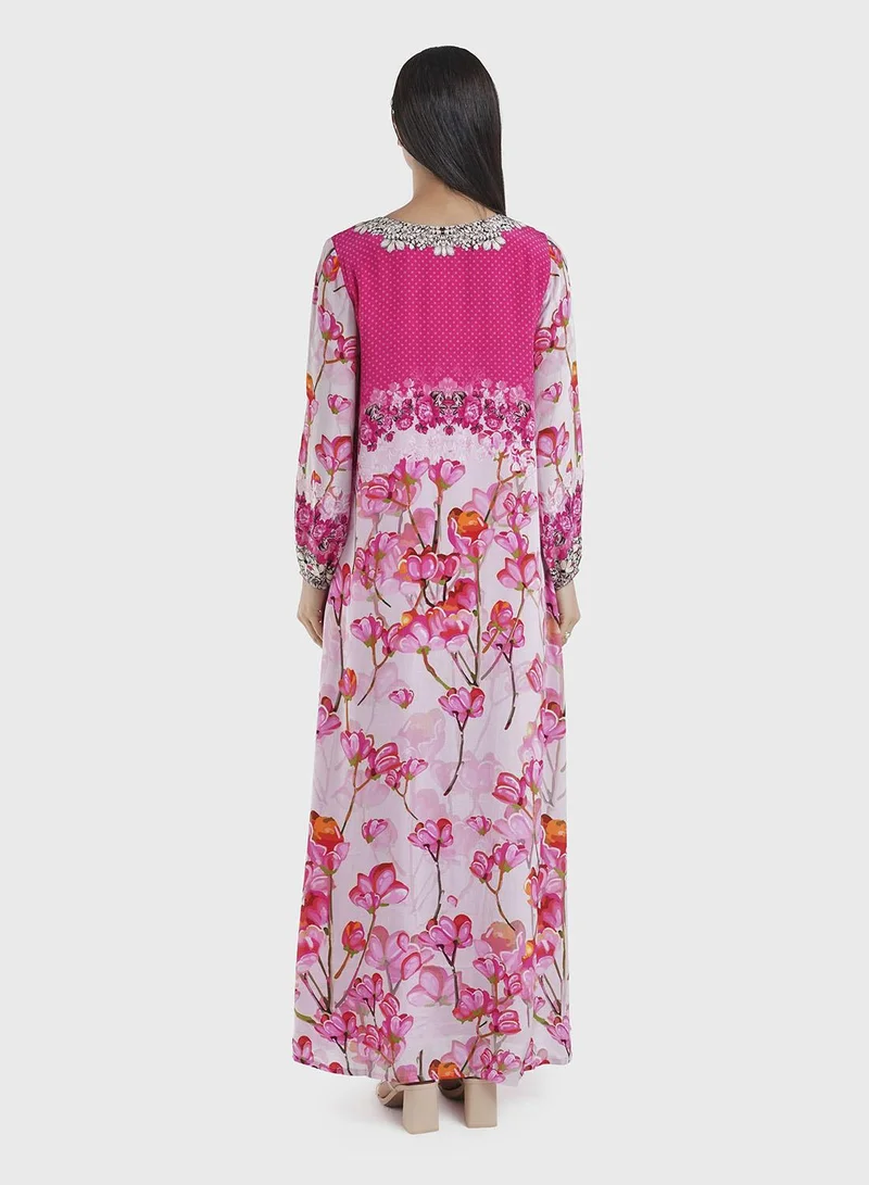 KASHKHA  Viscose Pink Floral Print Handwork Jalabiya (VDE387) for Women | Best Price UAE